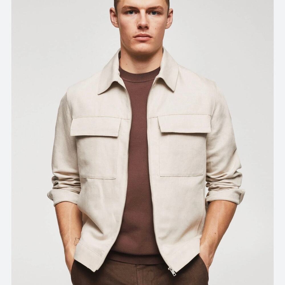 Mango Men’s Pocket 100% Linen Zip Jacket Size S light beige